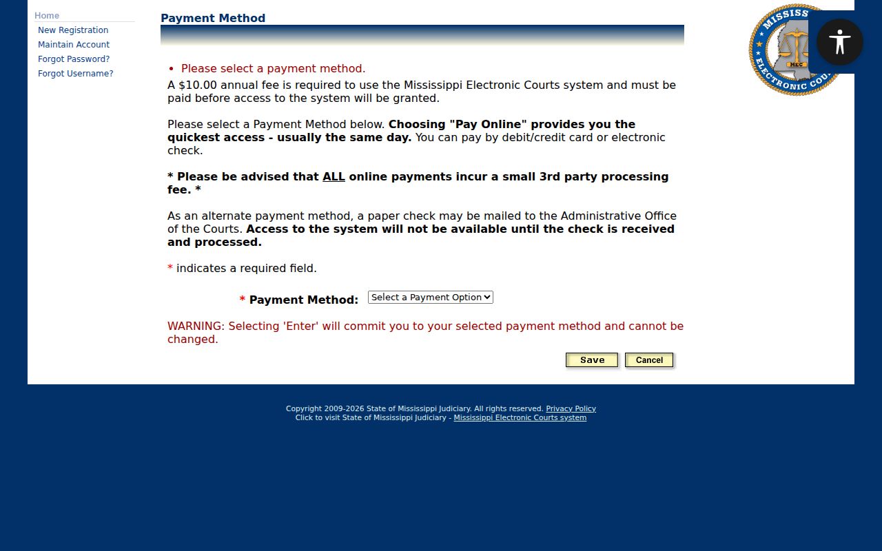 Required PAMEC payment method fields
