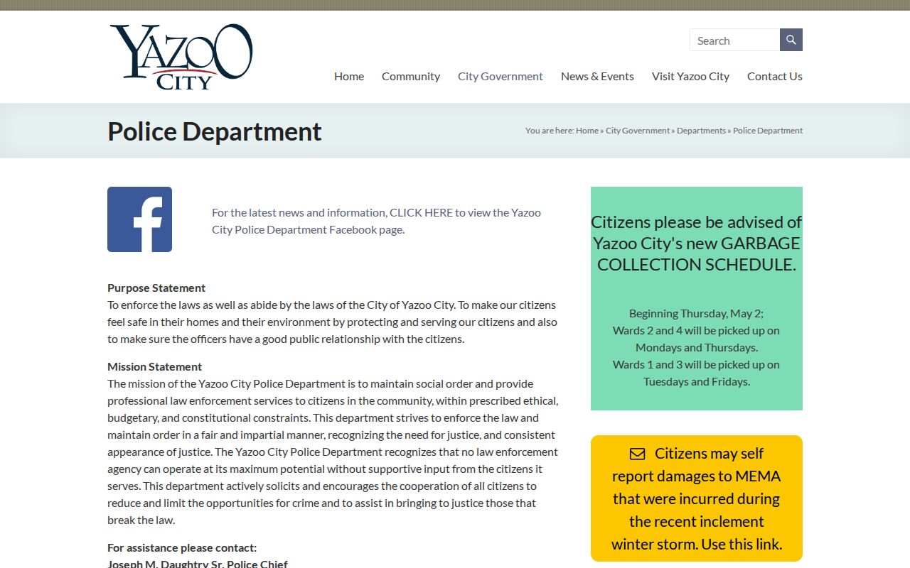 Yazoo City Police Department official contact page