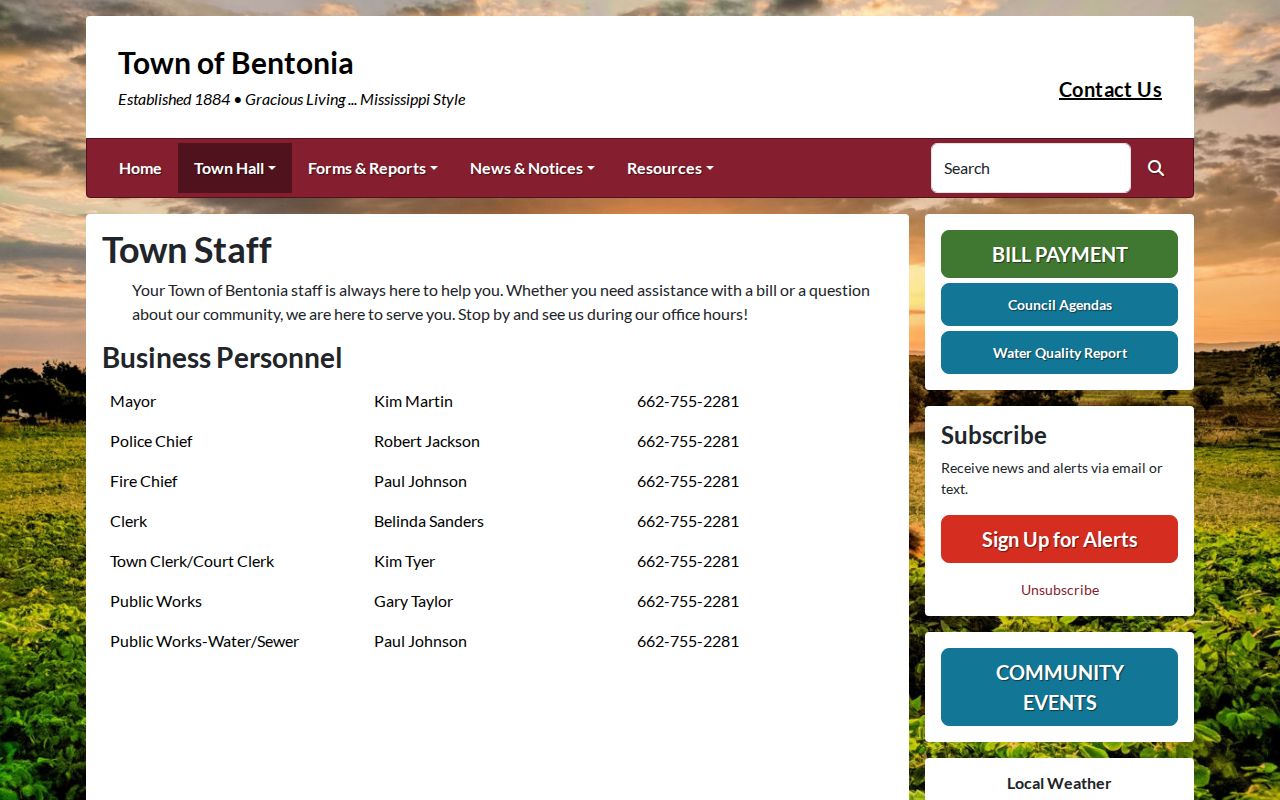 Bentonia Police Chief and Town Clerk contact listing