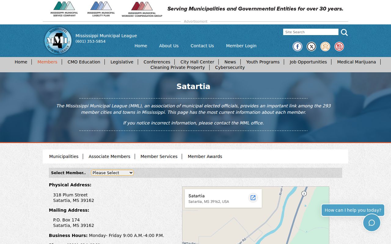 Association listing for Satartia municipal contact