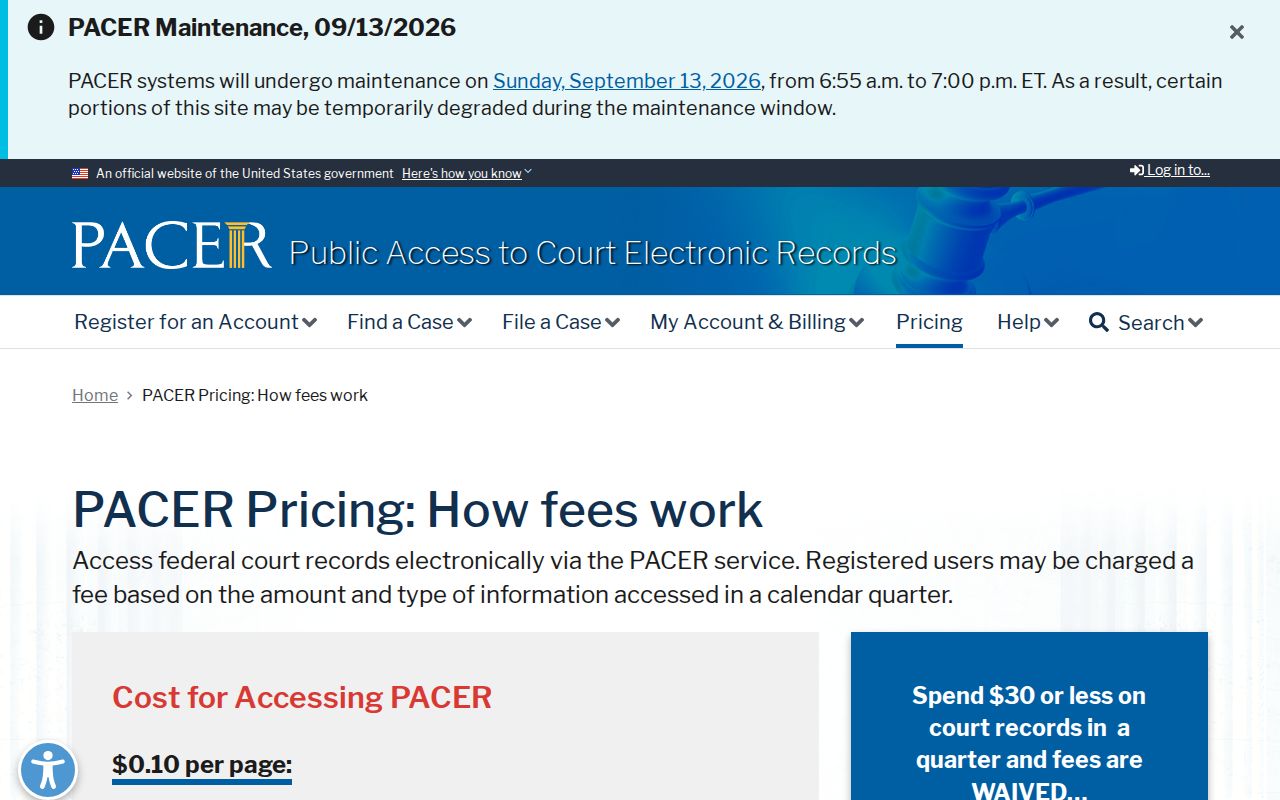 PACER per-page fee information